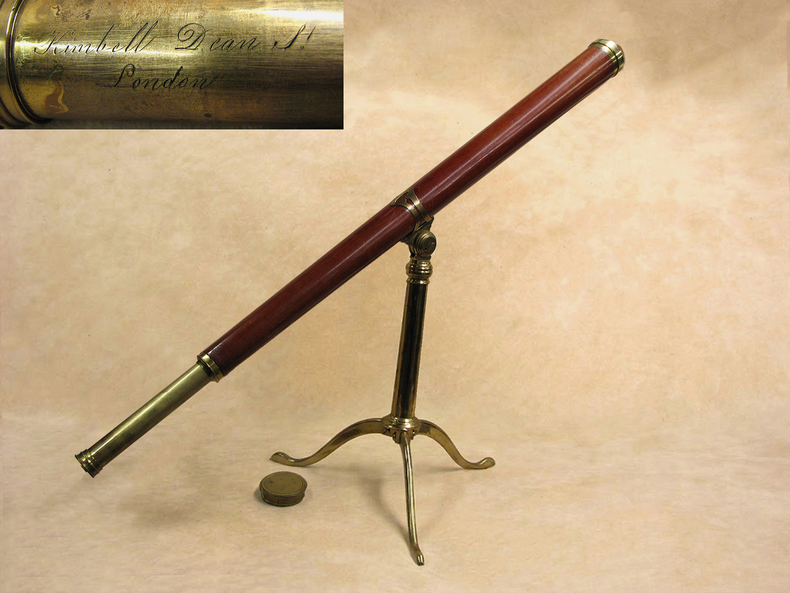 18th Century Library telescope signed 'Kimbell, Dean St, London' with brass tripod
